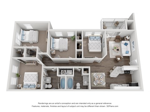 Floor plan for 4 beds, 2 baths, 1386 sqft